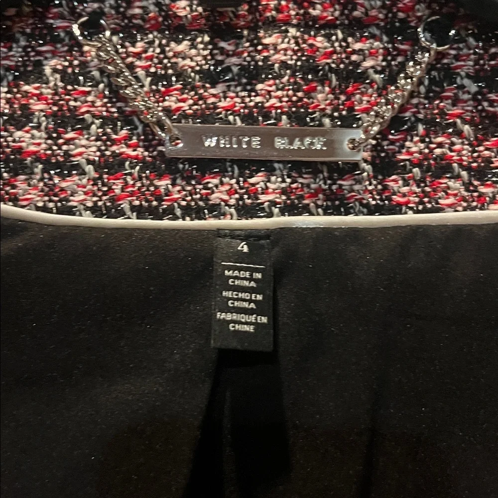White House Black Market Tweed  Plaid Tweed Fringe Metallic Jacket Size 4 - Picture 7 of 10